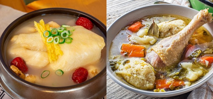 A bowl of savory chicken soup with vegetables, including carrots and cauliflower, accompanied by a piece of chicken leg and dumplings.
