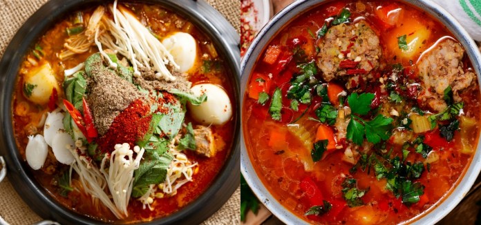 Two bowls of hearty soups featuring vibrant ingredients; one with noodles, vegetables, and spices, and the other with meatballs, colorful vegetables, and herbs.