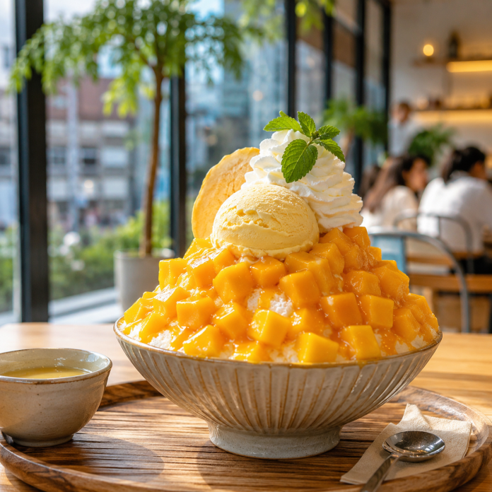 A large bowl of mango shaved ice topped with fresh mango cubes, a scoop of mango ice cream, whipped cream, and a sprig of mint, served with a small cup of mango syrup on a wooden tray.