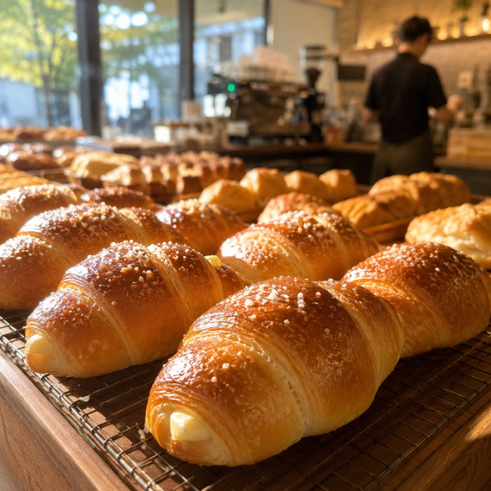 Close-up of freshly baked croissants with golden crust and sprinkled salt, displayed on a cooling rack in a bakery setting.