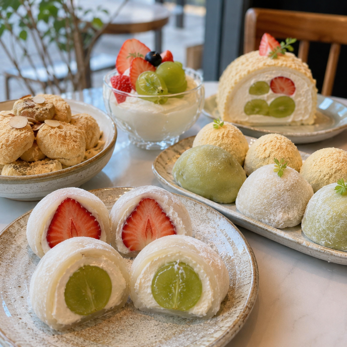 An assortment of desserts on a table, featuring mochi filled with strawberries and green grapes, a bowl of whipped cream topped with mixed fruits, and a rolled cake decorated with fruits.