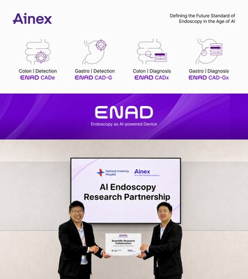 (Top photo) ENAD, an AI-based diagnostic assistance software that provides integrated support across the entire scope of upper and lower gastrointestinal endoscopy on a single platform, detects lesions in real time and presents diagnostic results by lesion type. (Bottom photo) Prof. Jonathan Lee of National University Hospital (NUH), Singapore, and David Lee, CEO of Ainex, taking a commemorative photo after signing the joint clinical research agreement. / Photo courtesy of Ainex