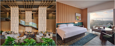 From Left to Right : Hotel Lobby & King Bed with City Skyline View