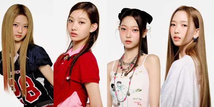 SEOHEE, SEOYEON, ELENA and JIA posing in various stylish outfits, showcasing different hairstyles and cosmetics.