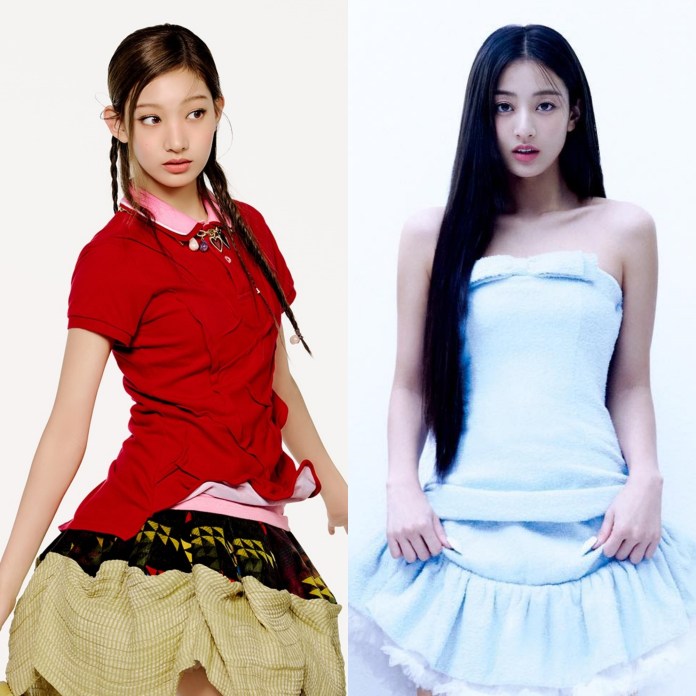 A fashion photograph showcasing TUIDE Seoyeon and TWICE Jihyo. On the left, Seoyeon with braided hair wears a red shirt and a layered skirt with a geometric pattern. On the right, Jihyo with long, straight hair poses in a light blue dress resembling a towel, holding the hem.