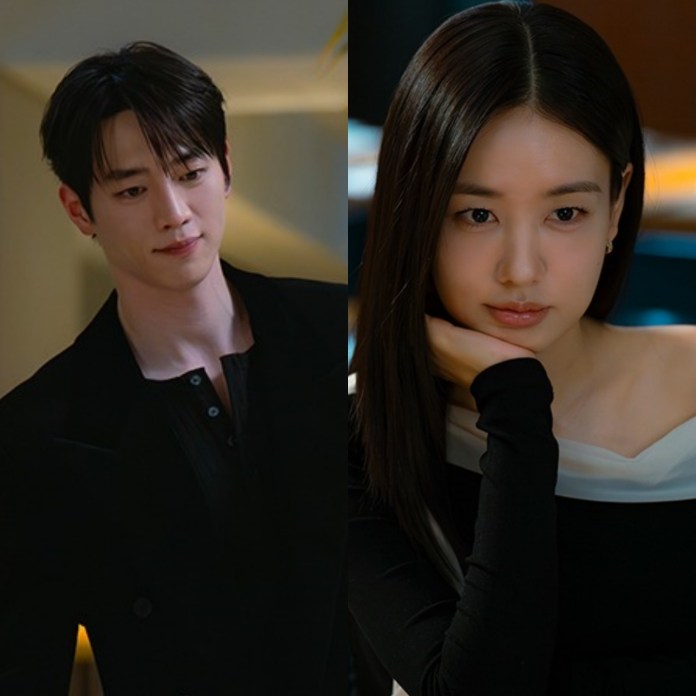 Seo Kang-joon in a black outfit looks down thoughtfully, while Ahn Eun-jin in a black and white top sits pensively with her hand resting on her chin.