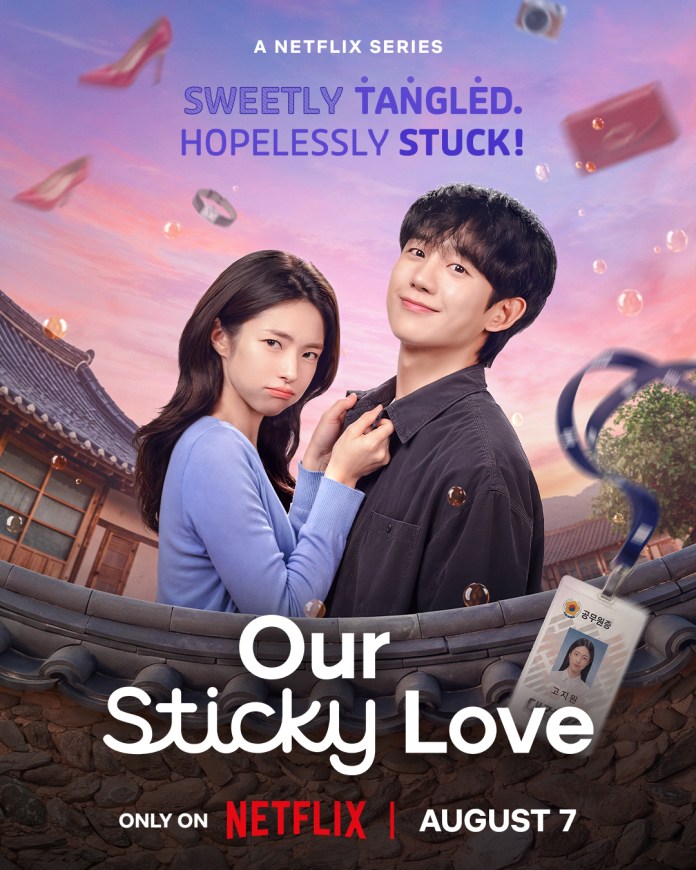 Promotional image for the Netflix series 'Our Sticky Love' featuring Jung Hae-in and Ha Young posed closely together. The background shows a traditional building and various floating objects, with the series title and release date highlighted.