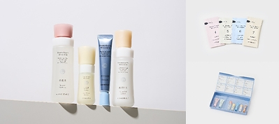 Left: Domohorn Wrinkle, Saishunkan Pharmaceutical’s flagship product, boasts a remarkable 93% repeat purchase rate in Japan Top right: A one-use sample of the “Essential 4” 4-piece set, available to visitors who complete the booth questionnaire Bottom right: The 7-piece set (a 3-day supply) available for purchase at the booth *The Bubble Facial Pack cannot be shipped overseas due to aviation regulations concerning the liquefied gas used to create its foam.