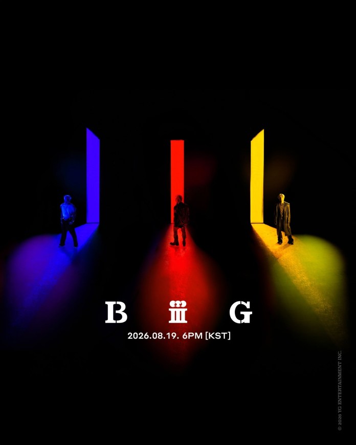 Three figures stand in front of brightly colored vertical doors: blue, red, and yellow, against a dark background. Below the figures, the text 'B III G 2026.08.19 6PM [KST]' is displayed.