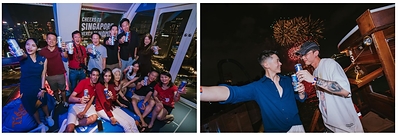 Guests enjoying Tiger's National Day celebrations on a bumboat and Singapore Flyer capsule