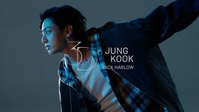 Jung Kook in a casual outfit, looking towards the left with an intense expression. He has dark hair and is wearing a flannel shirt over a white tank top, with dramatic lighting highlighting his features.