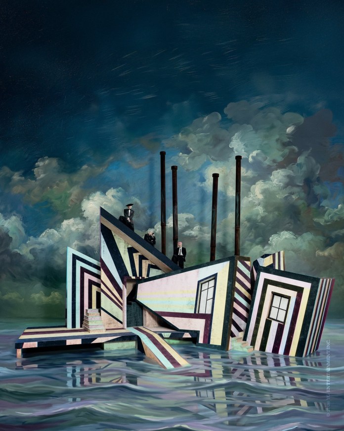 A surreal architectural structure with striped patterns, situated in water under a dramatic sky, with three figures dressed in formal attire standing on top.