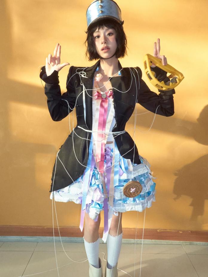 Chaeyoung dressed in a unique costume featuring a black jacket and a layered, colorful skirt, with numerous ribbons and strings attached. They are wearing a blue cap and making a peace sign with one hand while holding a yellow object in the other, against a warm orange background.