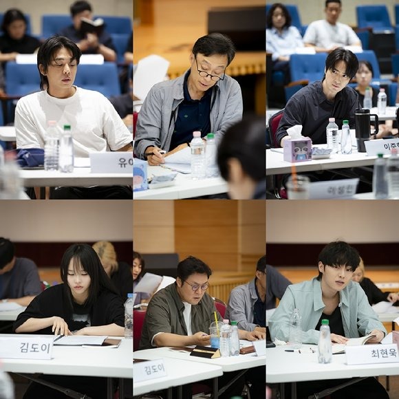 A collage of six individuals participating in a script reading session. Each person is seated at a table with notes and water bottles in front of them, focusing on their scripts.