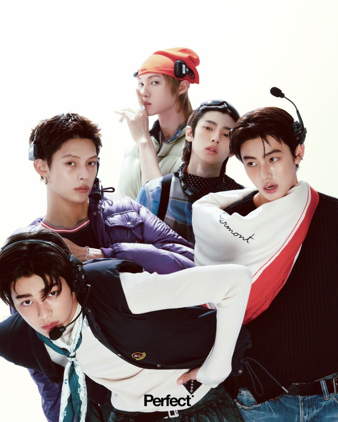 CORTIS members posing together with stylish outfits and headphones, set against a plain white background.
