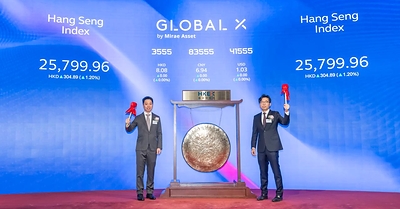 Today, the Global X Hang Seng High Dividend Yield Enhanced Income ETF (3555) is officially listed. Mr. Dennis Fok (left), Co-Chief Executive Officer and Chief Investment Officer – ETF of Mirae Asset Global Investments (Hong Kong), and Mr. Byung Ha Kim (right), Co-Chief Executive Officer and Chief Operating Officer of Mirae Asset Global Investments (Hong Kong)
