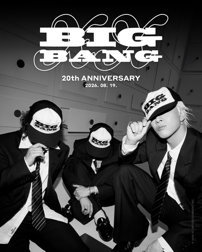 Black and white promotional image for BIGBANG's 20th anniversary featuring three members in suits and caps with the BIGBANG logo, showcasing a stylish and modern aesthetic.