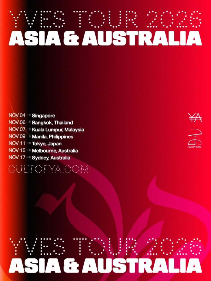 Promotional poster for the YVES Tour 2026 in Asia and Australia, featuring a list of concert dates and locations.