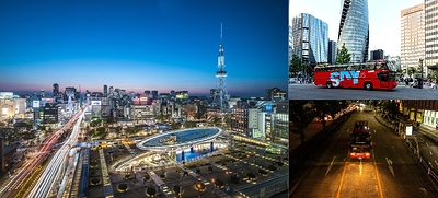 Left: Nagoya, the stage for the Asian Games and Asian Para Games, is also packed with sightseeing spots of its own. Top right: Tour around Nagoya without ever leaving your seat — an efficient way to take in all the highlights. Bottom right: The night tour, with its atmosphere so different from daytime, is highly recommended too.