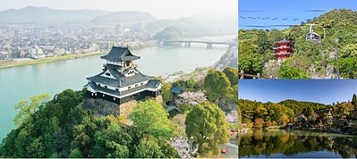 Left: Inuyama Castle — a National Treasure and one of Japan’s foremost castles — is within easy day-trip distance from Nagoya. Top right: The KINKAZAN ROPEWAY offers a convenient way up to Mount Kinka, with sweeping views over Gifu City. At the foot of the mountain, you can also enjoy food-stall hopping. Bottom right: Takayama, one of Japan’s most popular tourist destinations, is also conveniently accessible from Nagoya.