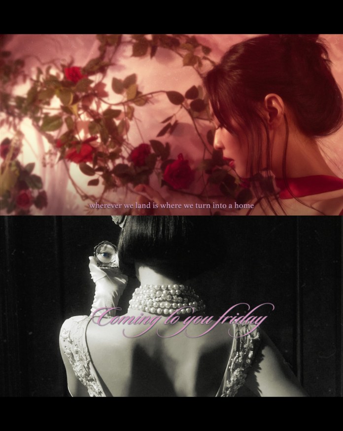A split image featuring Jennie in profile surrounded by roses and a quote, alongside Jennie in vintage attire, showing her back with a pearl necklace and an inscription announcing an upcoming release.