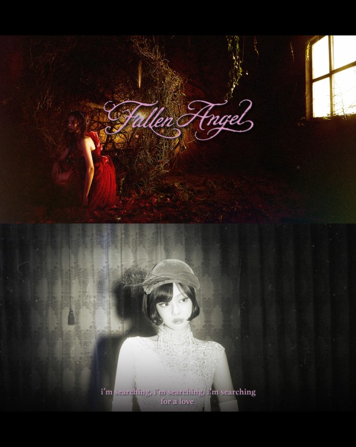 A dramatic image featuring Jennie in a flowing red dress sitting in a dimly lit space surrounded by vine-like branches. The text 'Fallen Angel' is artistically overlaid at the top. Below, a black and white portrait of Jennie in vintage attire, accompanied by the lyrics 'i'm searching, i'm searching, i'm searching for a love' in purple.