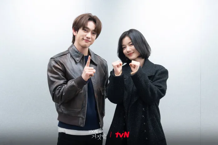 Kim Yoo-jung smiling and posing together. The person on the left is wearing a brown leather jacket and showing a 'one' gesture with their finger. The person on the right is in a black coat and making a heart gesture with their hands. The background is light gray.
