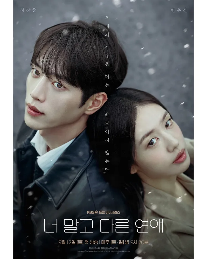 A promotional poster for the Korean drama A Love Different Than Yours featuring Seo Kang Joon and Ahn Eun Jin facing each other with serious expressions. The background is muted and snowy, enhancing the dramatic mood. Text in Korean is present on the sides.
