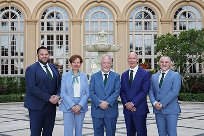 The 2027 MDRT Executive Committee, from left: Simon D. Lister, Dip PFS; Aurora L. Tancock, CFP, FLMI; Clay Gillespie, CFP, CLU; John F. Nichols, MSM, CLU; and Brad J. Myers, ChFC. 