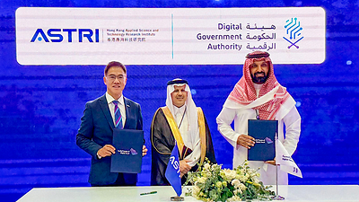 ASTRI and the Digital Government Authority (DGA) of Saudi Arabia signed a Memorandum of Understanding on 31 August at LEAP 2026 in Riyadh. From left: Ir Dr Ted Suen, Chief Executive Officer of ASTRI; Dr Abdullah Mohammed AlFaifi, Vice Governor of Investment and Government Excellence at the DGA; and Abdulmalik Alhoti, Deputy CEO of Innovation & Emerging Technologies Centre and Senior General Manager of Digital Innovation at the DGA.