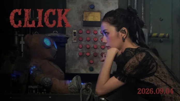 Jisoo with braided hair and a black lace top gazes intently at a small robot bear with glowing blue eyes, set against a backdrop of industrial machinery. The word 'CLICK' appears prominently above them, with date '2026.09.04' in the bottom right corner.