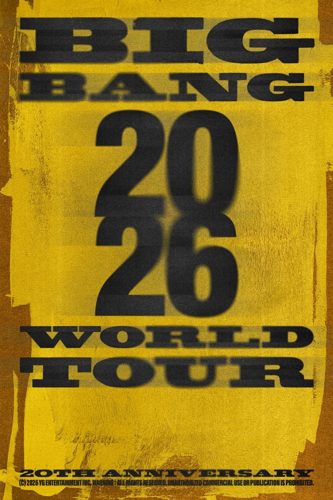 Poster for BIGBANG's 2026 World Tour, featuring bold yellow background and text announcing the 20th anniversary.