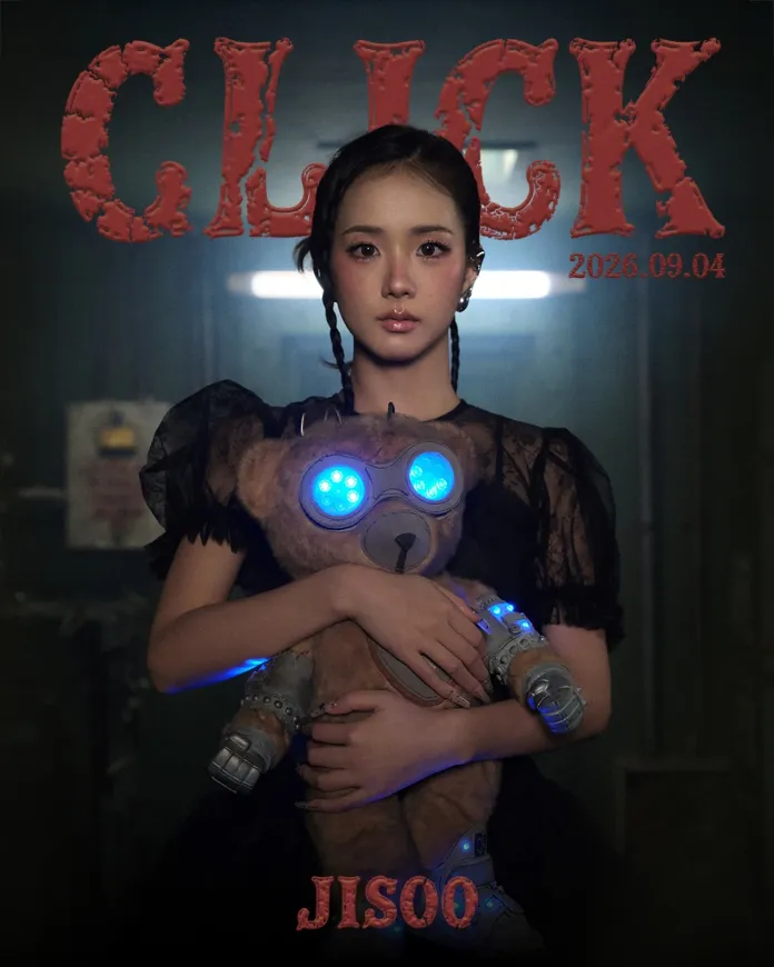 Jisoo in a black lace dress holds a glowing teddy bear with blue lights, set against a dark background that features the text 'CLICK' and '2026.09.04'.