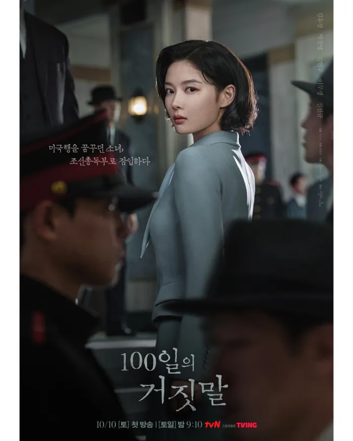 A promotional poster for the drama '100 Days of Deception' featuring Kim Yoo Jung in a stylish outfit, looking over her shoulder with a serious expression, surrounded by uniformed figures in a dimly lit setting.