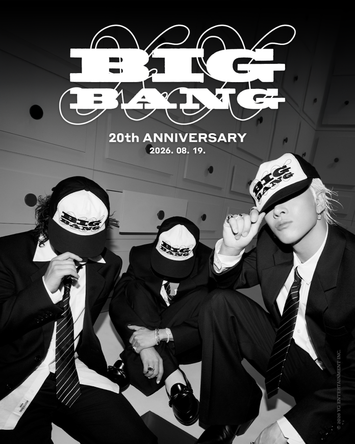 Black and white promotional image for BIG BANG's 20th anniversary featuring three members in suits and hats, with the date '2026. 08. 19' displayed prominently.