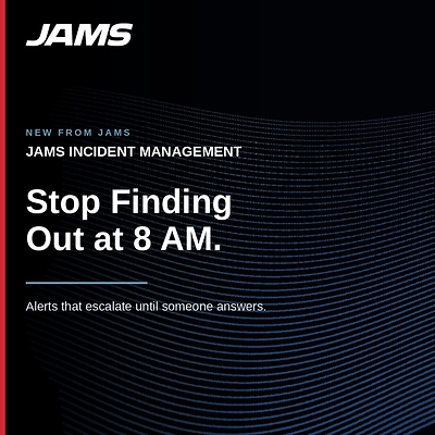 JAMS Incident Management escalates alerts over voice, SMS, push, email, Microsoft Teams, and Slack until an on-call engineer acknowledges. The product is generally available September 1, 2026, and is free for teams of up to five users.