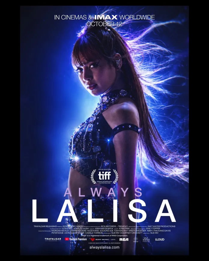 Promotional poster for the film 'Always Lalisa' featuring Lisa in a sparkling outfit against a dark background with blue light effects. The release date is noted as October 12, and it is presented in cinemas and IMAX worldwide.