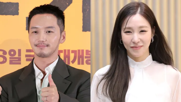 Byun Yohan and Tiffany Young are posing for the camera. Byun Yohan on the left is giving a thumbs-up and has short hair, while Tiffany Young on the right is smiling and has long hair. Both are dressed in stylish attire against a colorful background.