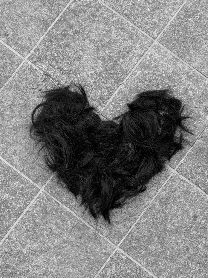 A heart-shaped clump of black hair on a tiled floor.