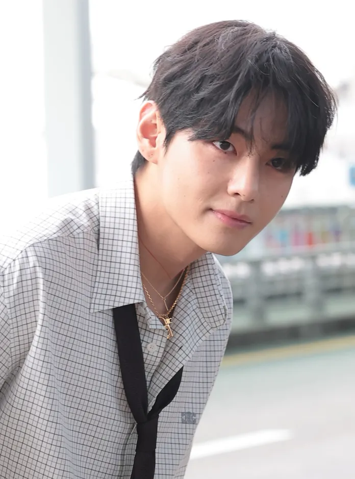 V with dark hair, wearing a checkered shirt and black tie, looking at the camera with a slight smile.