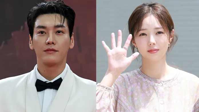 Kim Young-kwan in a formal white suit with a black bow tie, looking serious on the left side of the image;  Chae Soo-bin in a patterned blouse waving on the right side of the image.