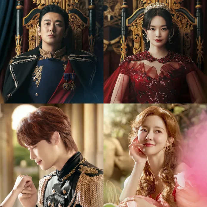 A royal-themed collage featuring Ju Ji-hoon in a regal uniform seated on a throne, Shin Min-a in a stunning red gown and crown, Lee Jong-suk with styled hair in a military outfit smiling at a woman's hand, and Lee Se-young with wavy hair and a thoughtful expression surrounded by nature.