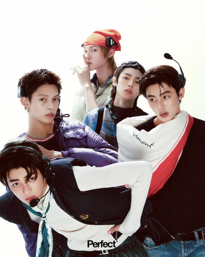 CORTIS members posing together with headsets, showcasing trendy outfits and accessories against a plain background.