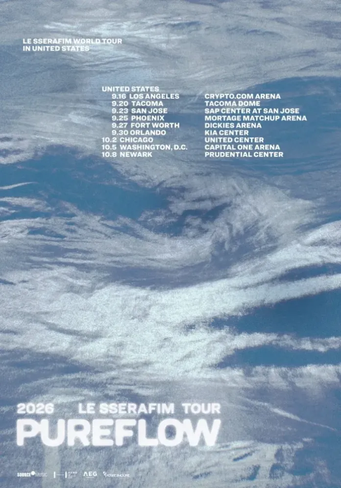 Promotional poster for the Le Sserafim World Tour in the United States, featuring concert dates and venues from September to October 2026.