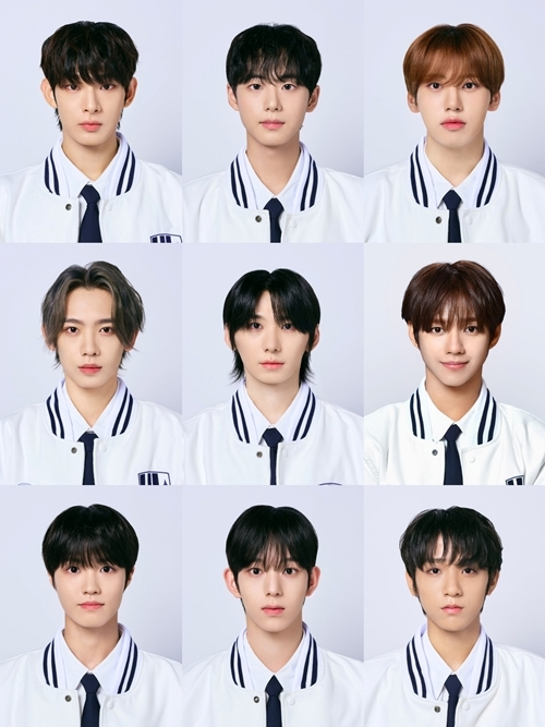 Grid of nine individual portraits of young men, all wearing white jackets with navy trim and ties, against a light background.