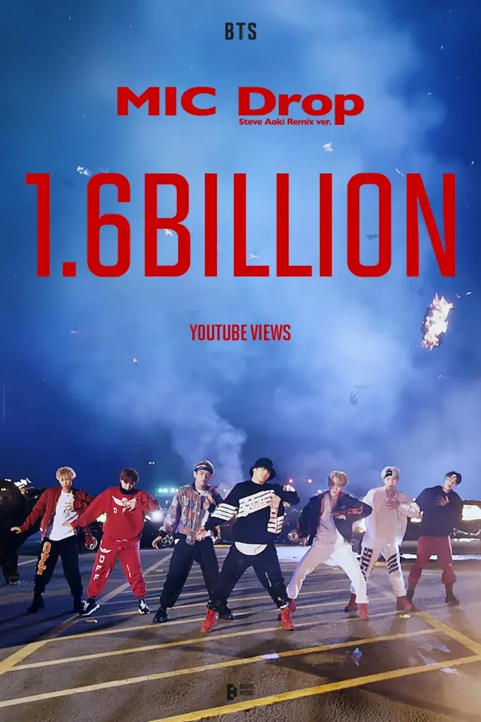 BTS performing in a dramatic setting for the music video 'MIC Drop' featuring the text '1.6 Billion YouTube Views' and 'Steve Aoki Remix version.'