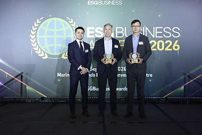 From left to right: Lee Bing Yi, Partner, Sustainability, Climate Change, Financial Services Assurance at PwC Singapore, presents the Circular Economy and Waste Management Awards to FUJIFILM Business Innovation Singapore representatives Tee Hsien Wee, Chief Executive Officer, and Peter Wong, Chief Financial Officer, at the ESGBusiness Awards 2026, held at Marina Bay Sands Expo & Convention Centre.