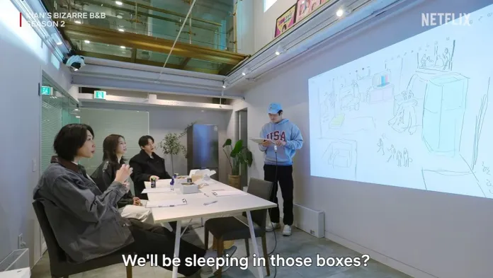 A group of four individuals sitting at a table in a modern room, with a projector displaying sketches on a wall. One person, wearing a blue cap and sweatshirt, is standing and looking at a phone, while the others are seated, engaging with the presentation.