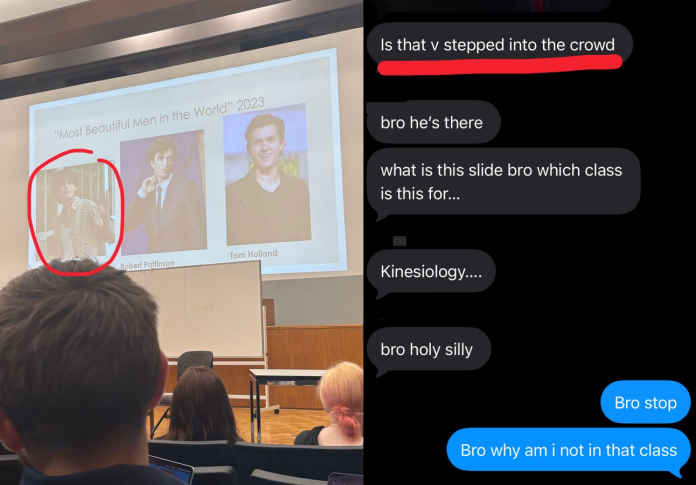 A classroom scene showing a presentation slide titled 'Most Beautiful Men in the World 2023' featuring images of Robert Pattinson and Tom Holland, along with a highlighted photo of another individual. Below, there is a text conversation discussing the slide and class contents.
