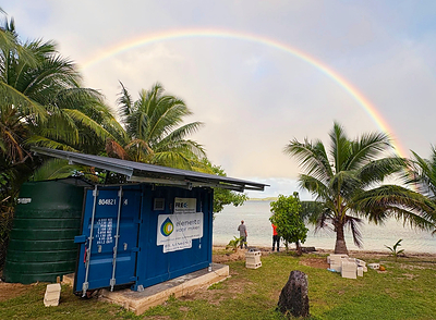 Bluemont solar-powered water desalination unit on the coast of a Tongan island